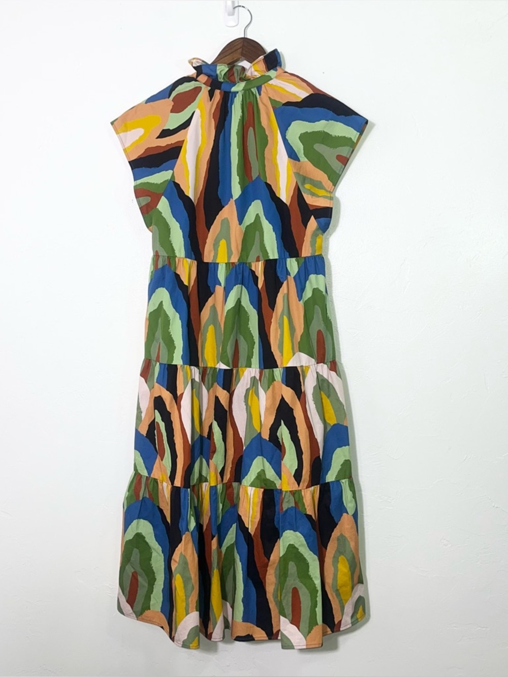 CROSBY by Mollie Burch Watts Dress Geode Print Abstract Tiered Midi Cotton - Picture 11 of 12